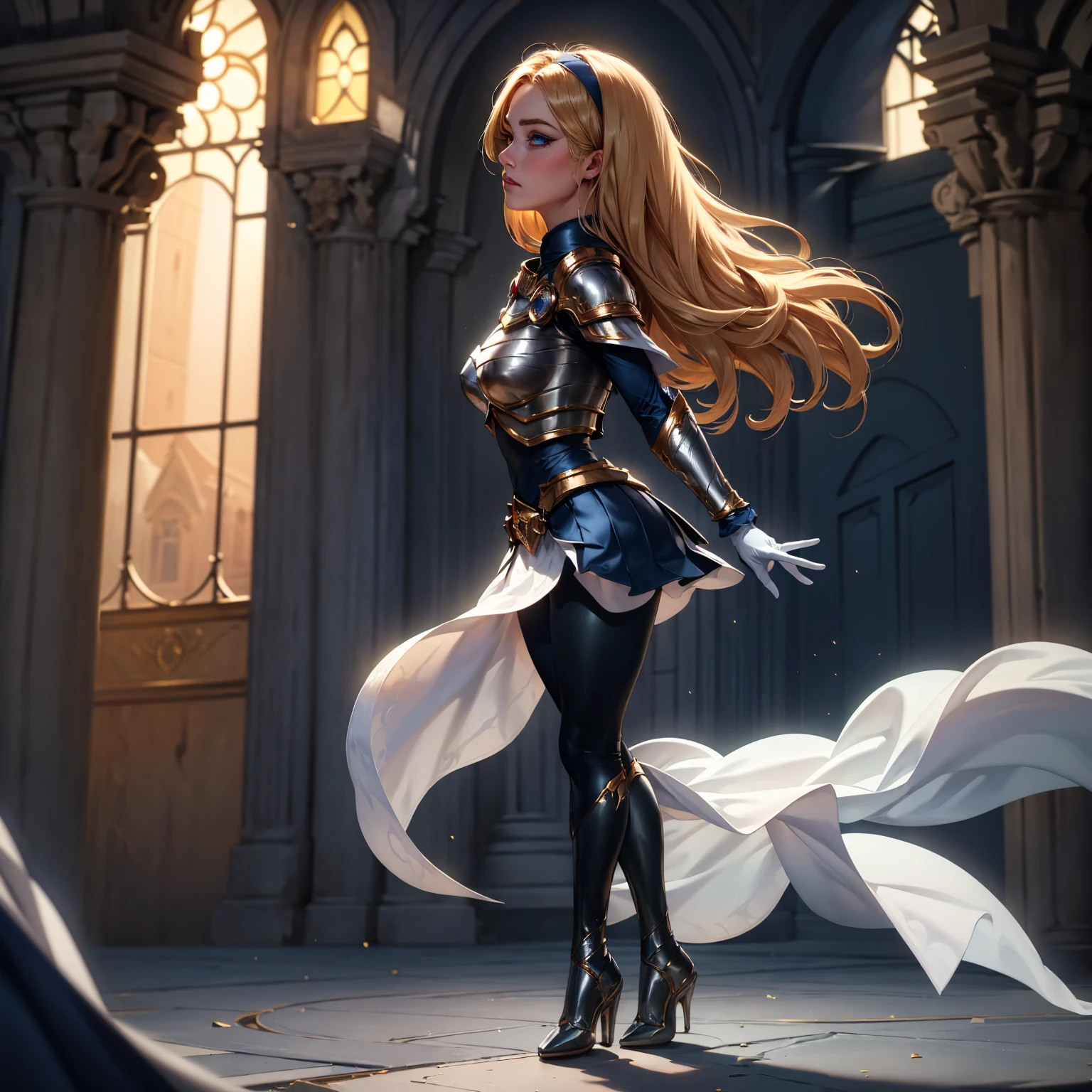 solo, super fine photo, full body digital art Unreal Engine 5 8K UHD of a girl, concept art, character concept design, wearing white tight shiny dress with metallic details, gold crown, blue eyes, fantasy princess, metallic glove, long blonde hair, best quality, masterpiece, super detailed, sharp focus, female pose