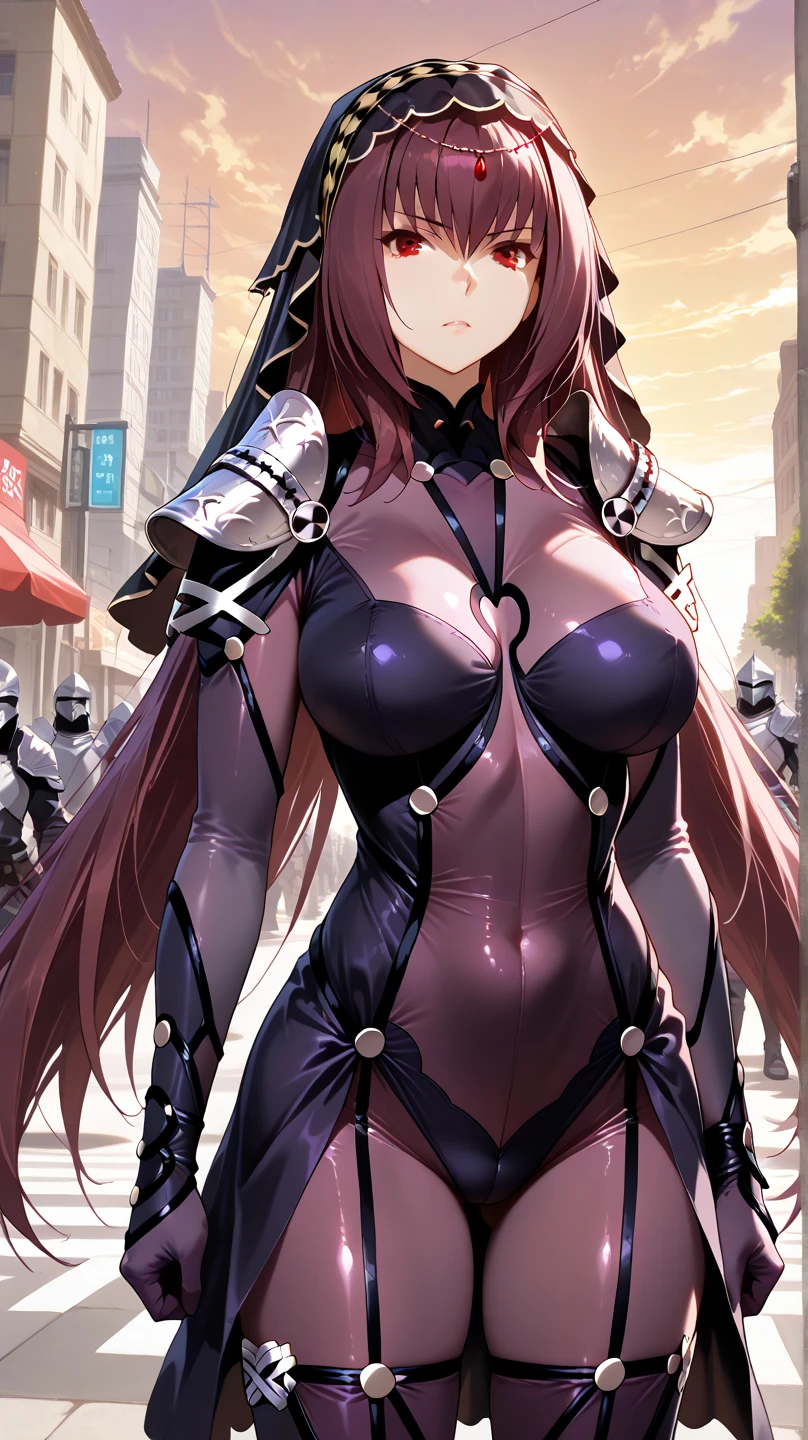 Masterpiece, detailed eyes, red hair, dark skin, hkingrid, black heavy armour, big breasts, bursting breasts, balsamique