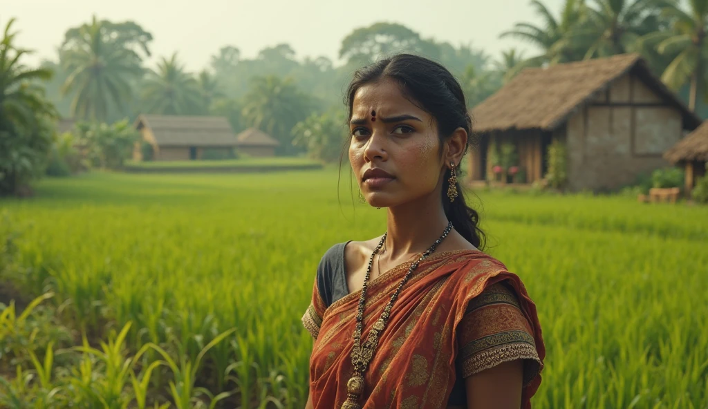 A beautiful girl age 29 in green saree jewelry has quarreled with her husband.  Behind thatched house.