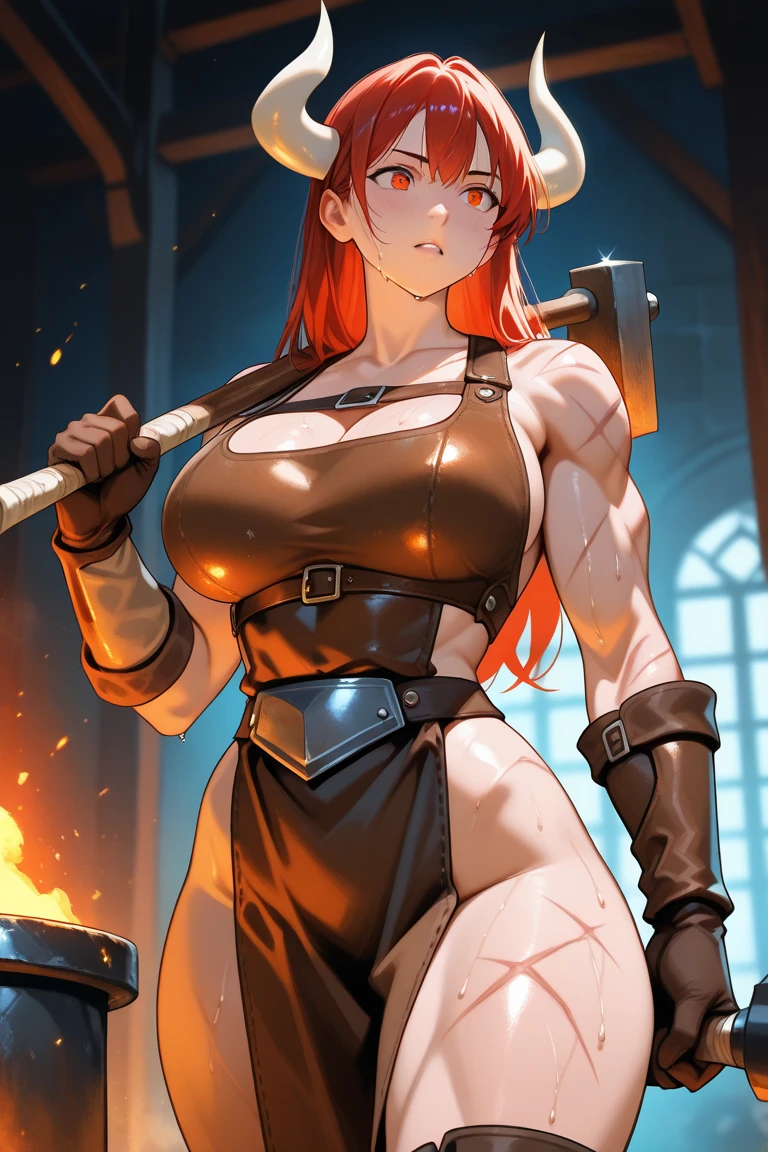 Young sexy teen, bright blushing hair, bras et jambe rouge lave, une (gigantic chest:1.4), in lava outfit in a molten lava volcano, la nuit