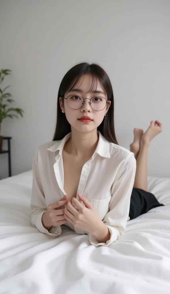 ulzang-6500-v1.1,(RAW photo:1.2), (Photorealistic:1.4), Beautiful Meticulous Girl, very detailed eyes and faces, Beautiful detailed eyes, absurderes, unbelievable Ridiculous, hugefilesize, ultra - detailed, A high resolution, The is very detailed,best qualtiy,tmasterpiece,((T-shirt )),illustratio,The is very detailed,CG,unified,8k 壁纸,Amazing Cleavage,finely detailled,tmasterpiece,best qualtiy,The is very detailed的 CG unified 8k 壁纸,light in face,cinmatic lighting, 1girll, 16 years old,long white hair,lateral division,(wears glasses),((dynamicposes)),(sexyposture),,(A half body),((Pantyhose)),((Black hip skirt)),((((Sit with your knees folded)))) full length dress :1.1, Super detailed face, Detailed eyes, 二重まぶた, blur backgroun, Slim Faces,