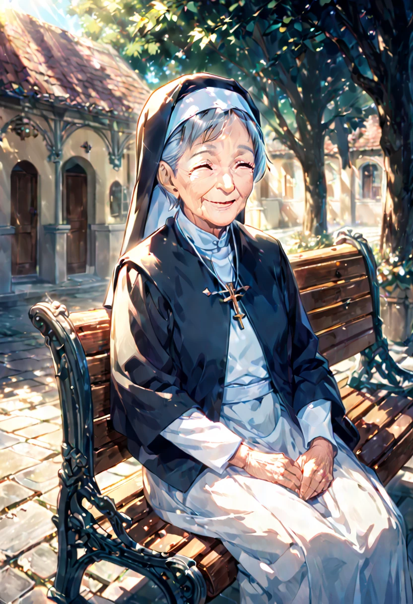 An elderly nun sitting on a bench in an orphanage courtyard.
Deep wrinkles, aged skin, smiling.
She is 80 years old, in cartoon style, elaborately detailed, softly shaded, vividly coloured.
She gazes into the distance and has a warm, peaceful expression.
She is bathed in warm sunlight.