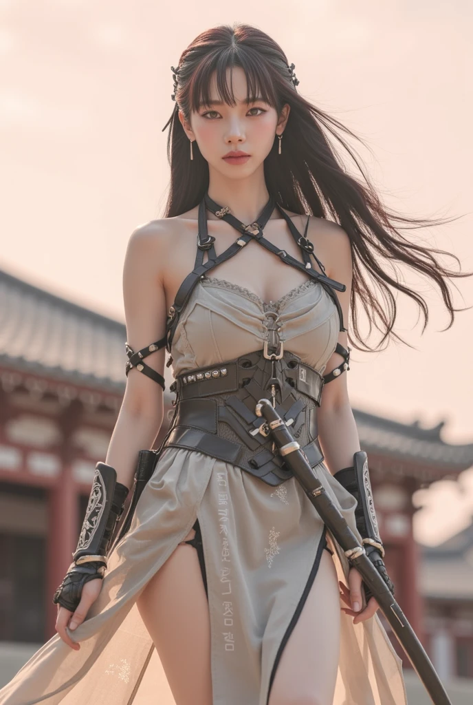 (((beautiful girl holding a fire sword))), Look here and smile、Bright summer clothes、Sexy Goddess，best qualtiy，Snow White skin，8K High Quality，A sexy，A pair of large eyes is beautiful and touching，White skin，makeup，Sexy Outfit，An Indonesian-styled futuristic suit worn by a girl depicting cultural fusion and modern fashion. The suit is adorned with intricate patterns and vibrant colors, showcasing the rich heritage of Indonesia. The girl stands confidently in a dynamic pose, with her detailed eyes reflecting determination and curiosity. The suit's material is a combination of traditional textiles and futuristic synthetic fabrics, giving it a unique and avant-garde appearance. The overall image quality is of the highest standard, with sharp focus and ultra-detailed rendering. The artwork employs physically-based rendering techniques, resulting in realistic lighting and shadows. The colors are vivid and vibrant, capturing the essence of Indonesian cultural aesthetics. The background features a fusion of modern architecture and traditional elements, creating a harmonious blend of the past and the future. The prompt explores the intersection of Indonesian culture, futuristic design, and the artistic representation of a confident girl
