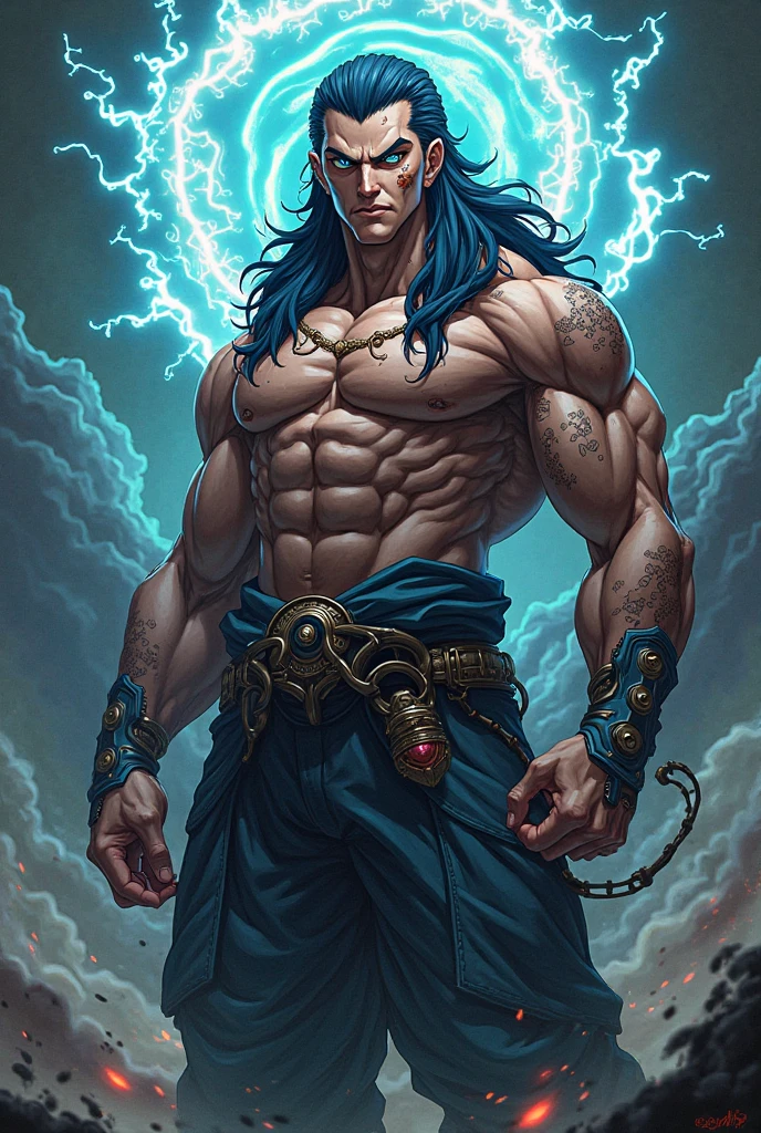((masterpiece), best quality, high quality, professional quality, highly detailed, highres, perfect lighting, natural lighting), (1boy, muscular, handsome, long beard, long hair, blue hair), wearing fantasy clothing, running, on a battlefield
