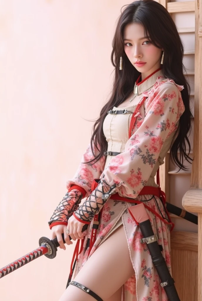 Best quality at best，tmasterpiece，超高分辨率，（真实感:1.4）,（sword1.2），Detailed details,1girll,Combat posture,cleavage，a beauty girl，（Handheld weapon 1.3），mechs，A mechanical，ellegance，Clear focus，gentlesoftlighting，vivd colour，tmasterpiece，