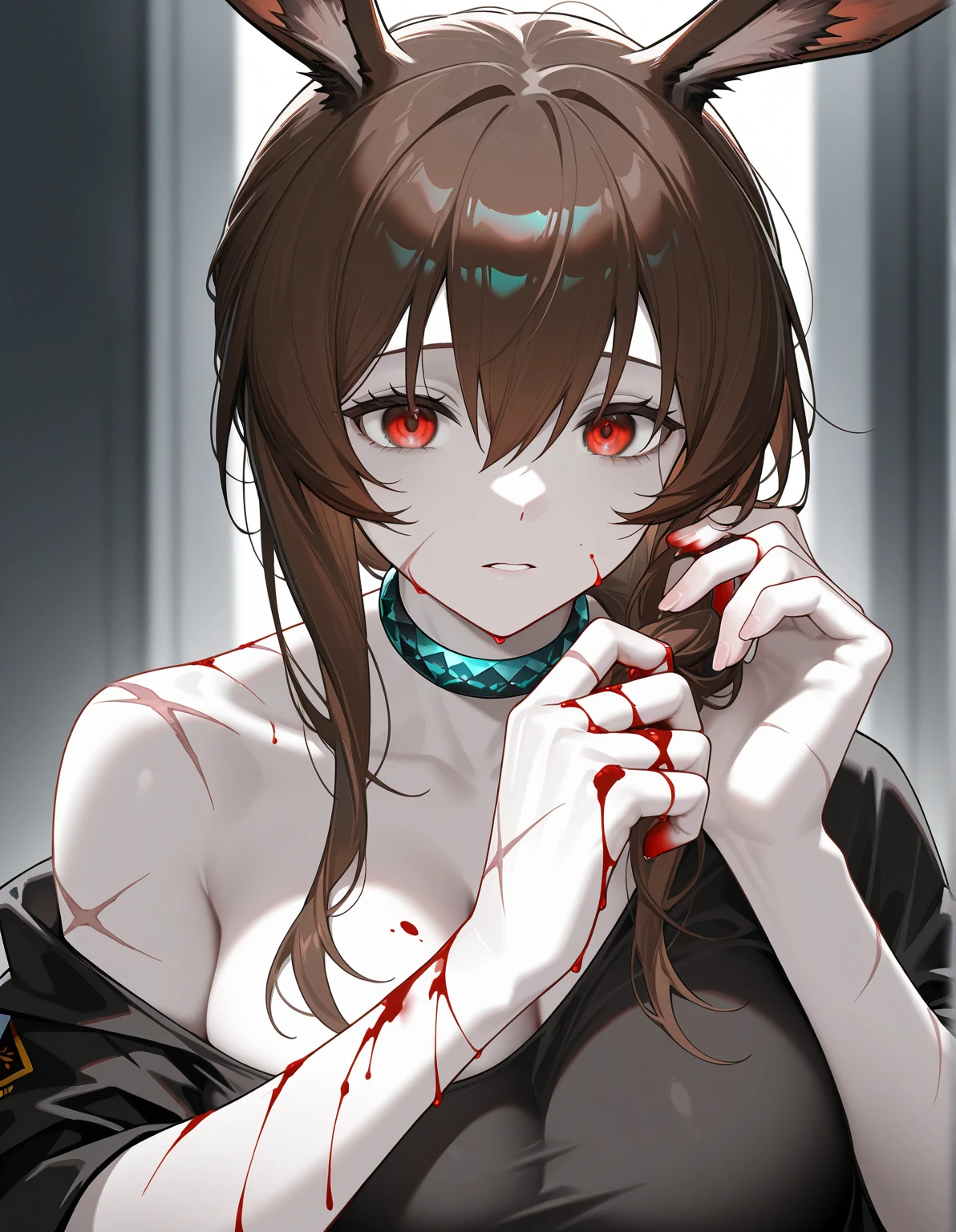 Painwheel, red eyes, brown hair, single hair bun ,small breasts, barefoot, black nail polish, face stitches, solo, upper body,
PW,attire, white dress, side slit , no panties, sideboob, collar, cuffs, bare shoulders, covered nipples, bolts,
(insanely detailed, beautiful detailed face, masterpiece, best quality) <lora:Painwheel-10V2:0.8>