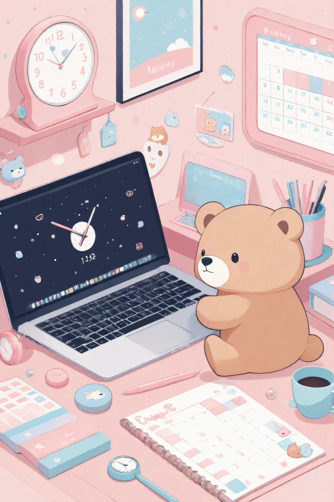 A pastel-pink, whimsical digital illustration of a cozy, organized study area, featuring cute cartoon animals, decorative elements, a clock, calendar, laptop screen with a cartoon bear blowing bubbles, and text in a simple, rounded font, capturing the aesthetic of a cute, pastel-themed digital planner or study space.