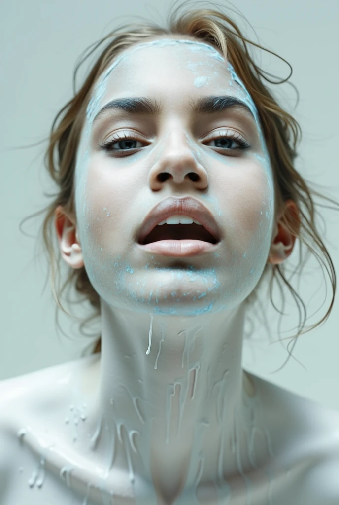 A captivating painting of a woman with a shocked expression as a white, sticky liquid sprouts directly onto her face. The substance appears to be engulfing her, with tendrils reaching out to cover her nose, mouth, and dripping. The background is dark and mysterious, with a sense of unease and tension. The overall tone of the painting is somewhat unsettling.