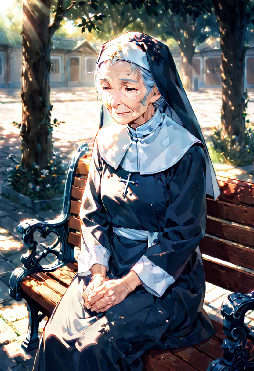 An elderly nun sitting on a bench in an orphanage courtyard.
Deep wrinkles, aged skin.
She is 80 years old, in cartoon style, elaborately detailed, softly shaded, vividly coloured.
She gazes into the distance and has a warm, peaceful expression.
She is bathed in warm sunlight.