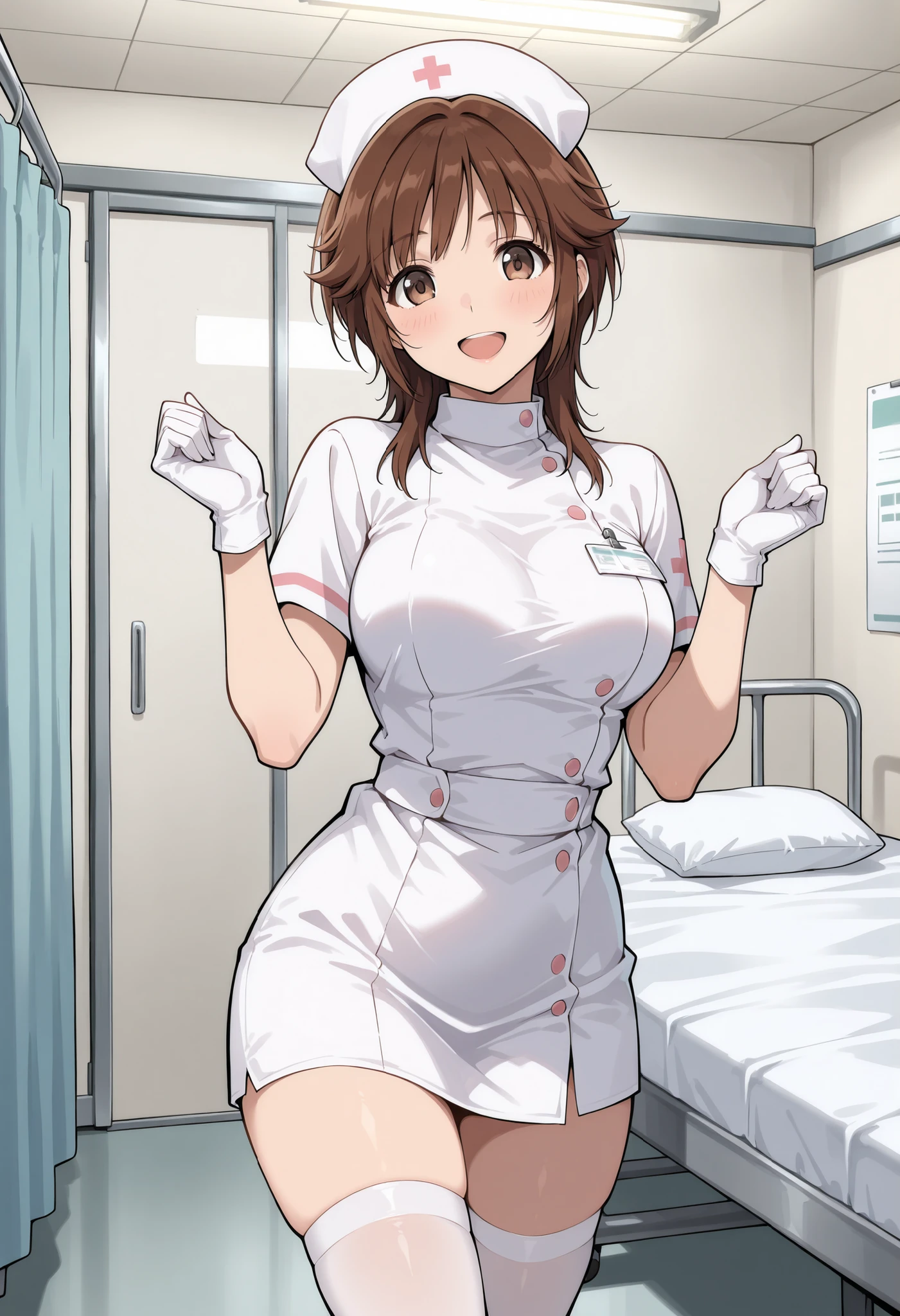 Score_9, score_8_up, score_7_up, source_anime, srkho, solo, brown hair, medium hair, brown eyes, large breasts, (best quality), (high quality), {masterpiece}, extremely delicate and beautiful, ultra-detailed, beautiful detailed eyes, nurse, nurse hat, ((white nurse's outfit)), white gloves, white thighhighs, hospital room, smile, open mouth, standing