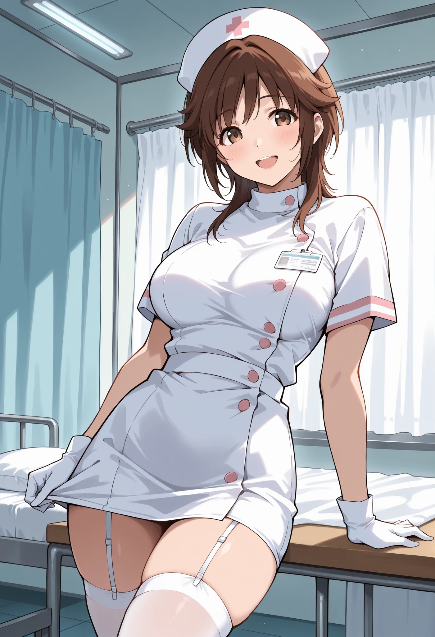 Score_9, score_8_up, score_7_up, source_anime, srkho, solo, brown hair, medium hair, brown eyes, large breasts, (best quality), (high quality), {masterpiece}, extremely delicate and beautiful, ultra-detailed, beautiful detailed eyes, nurse, nurse hat, ((white nurse's outfit)), white gloves, white thighhighs, hospital room, smile, open mouth, standing