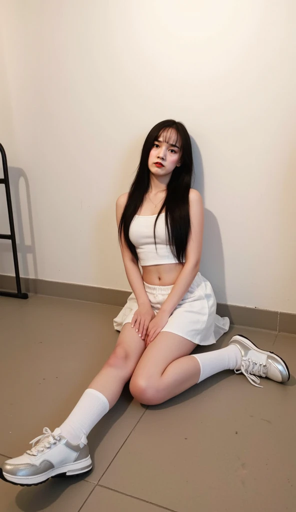 a korea beautiful student girl, black long hair, white ankle socks, sneakers, athletic shorts, t-shirts, graceful legs, delicate feet.., UHD, masterpiece, super detail, high quality, best quality, highres, award winning, high details. White Moonlight