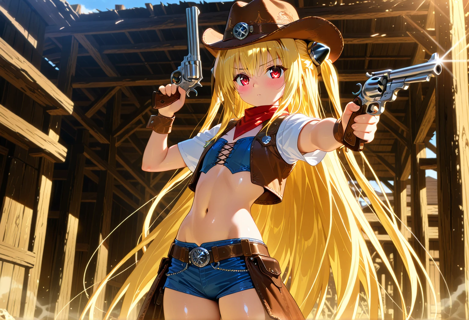 (((top-quality, masterpiece))), (( lot of details), (((depcit very young girl surrounded by ropes))), (((elegant cowgirl))), sexy, blond hair, long hair, straight hair, (((bandage))), (((bound with ropes))), (((arms behind back))), cowboy hat, (wearing leather cowboy clothes), leather revolvers belt, open legs, spread legs, brown eyes, thin , ((small breasts)), ((topless)), nice hips, open shoulders, sassy, (Masterpiece, Excellent, complex details), delicate girl, delicate face, pretty, sunny desert, a western atmosphere,