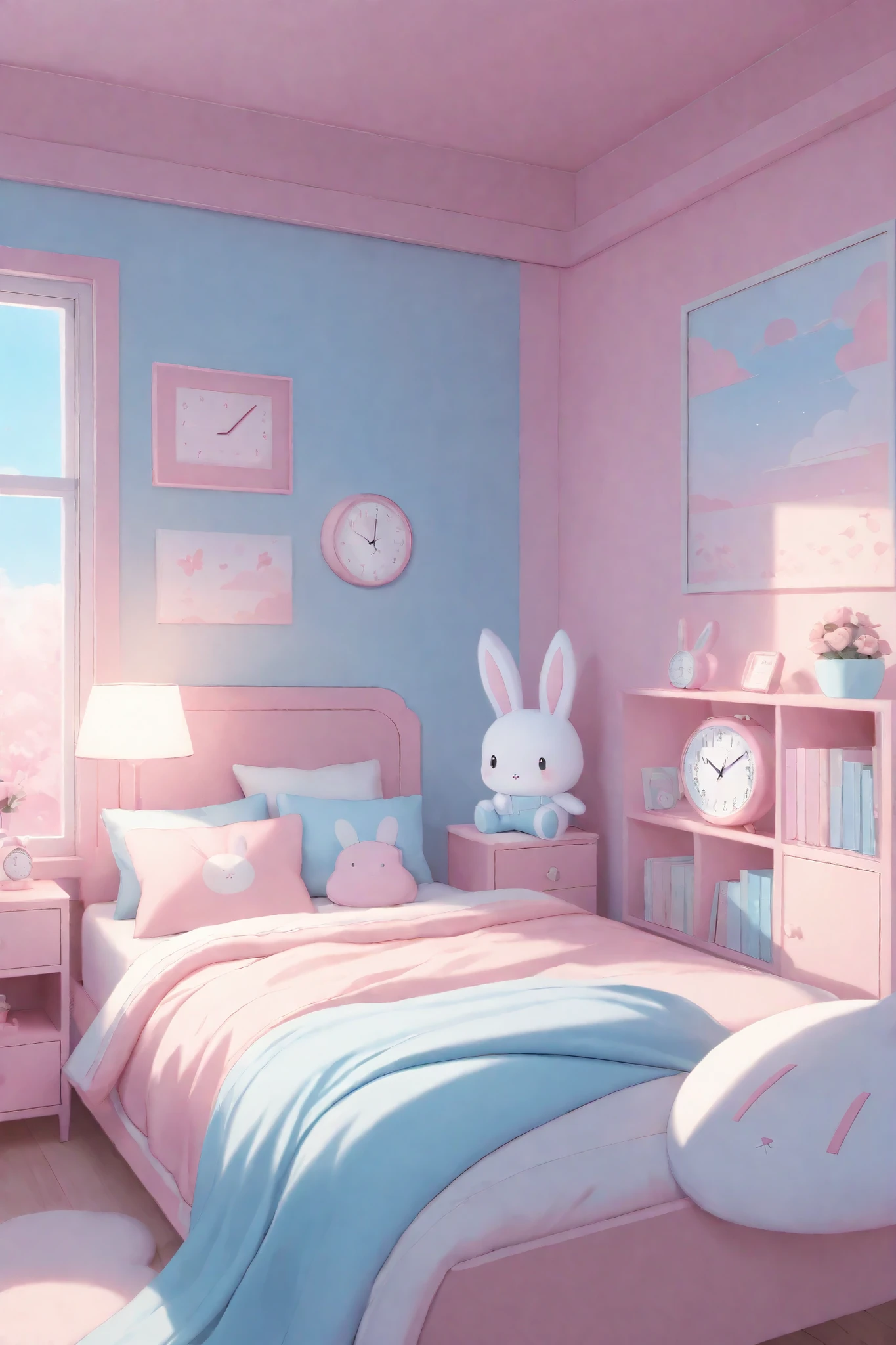A pastel-pink and light-blue bedroom scene, featuring a digital-style aesthetic with a cute, cartoonish bunny, a bedside table with books and a lamp, a clock, a digital clock, and various pink accents; overall, conveying a soft, peaceful, and dreamy atmosphere.
