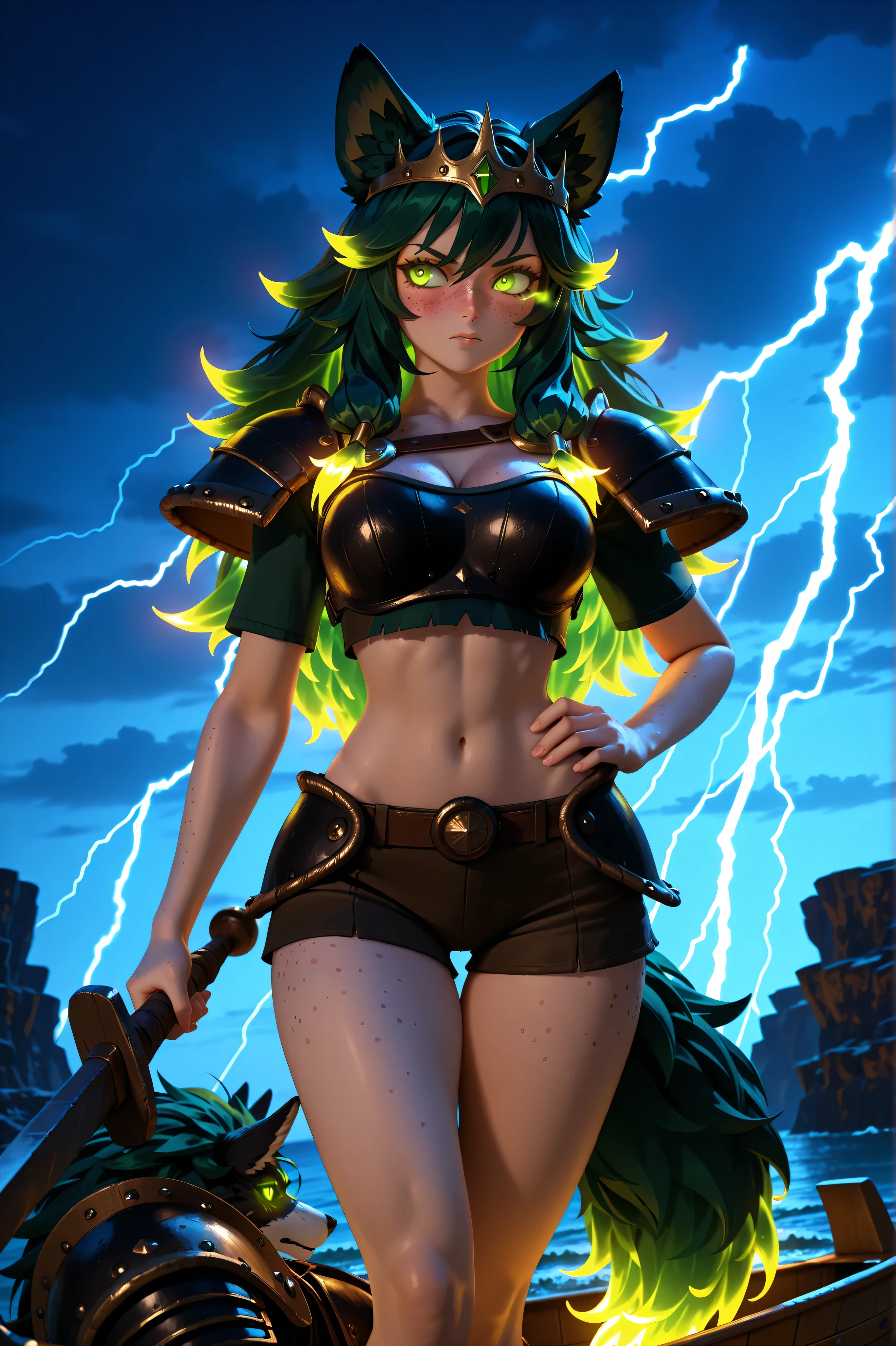 Masterpiece , best quality , amazing quality , absurdres , very aesthetic , lazypos , 3D, (1 woman , 5' tall, slim , medium-large chest , large hip , thigh gap , (dark green long hair) , fluffy hair , wolf ears , fluffy ears , fluffy tail) , (wearing black armor with short sleeves , dark green crop top showing midriff, shorts, crown) , (shoulder armor , chest armor , hip armor , lower leg armor) , (smooth natural light with soft shadows) , cloudy, dark, lightning, outside , on top of a rocky cliff, sea in background, (Viking boats), Viking army, (many freckles:1.48) , (flustered) , (glowing eyes , glowing hair tips , dark glow:1.36) , (green eyes , feral eyes , detailed eyes , detailed face) , (detailed chest), (Viking queen), standing, (giant Warhammer in hand), hand on waist, (serious expression, teasy), sharp canine