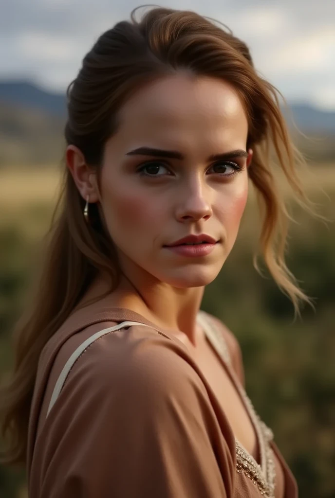 ultra realistic photo of actress , sexy woman (Emma Watson , hollywood actress , female , woman, realistic babe, celebrity ), outdoors, high neck Mekhela Chador, (( insanely detailed skin texture , depth of field, detailed eyes, photorealistic ))