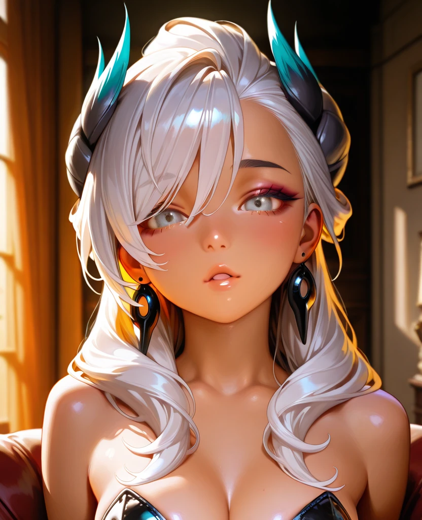 1 girl, xyzplexa, corona, (close up, head shot:1.2), pretty eyes, Red eyes, 3D rendering style, octane, Cycles, Alone, choker,, earrings, huge round naked tits,sexy fishnet long stockings