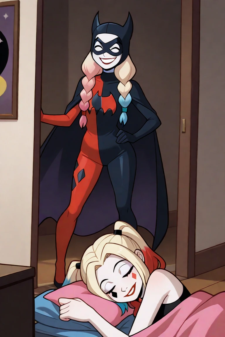 2girls , batgirl in the floor sleeping, harley quinn standing next to her, smiling.