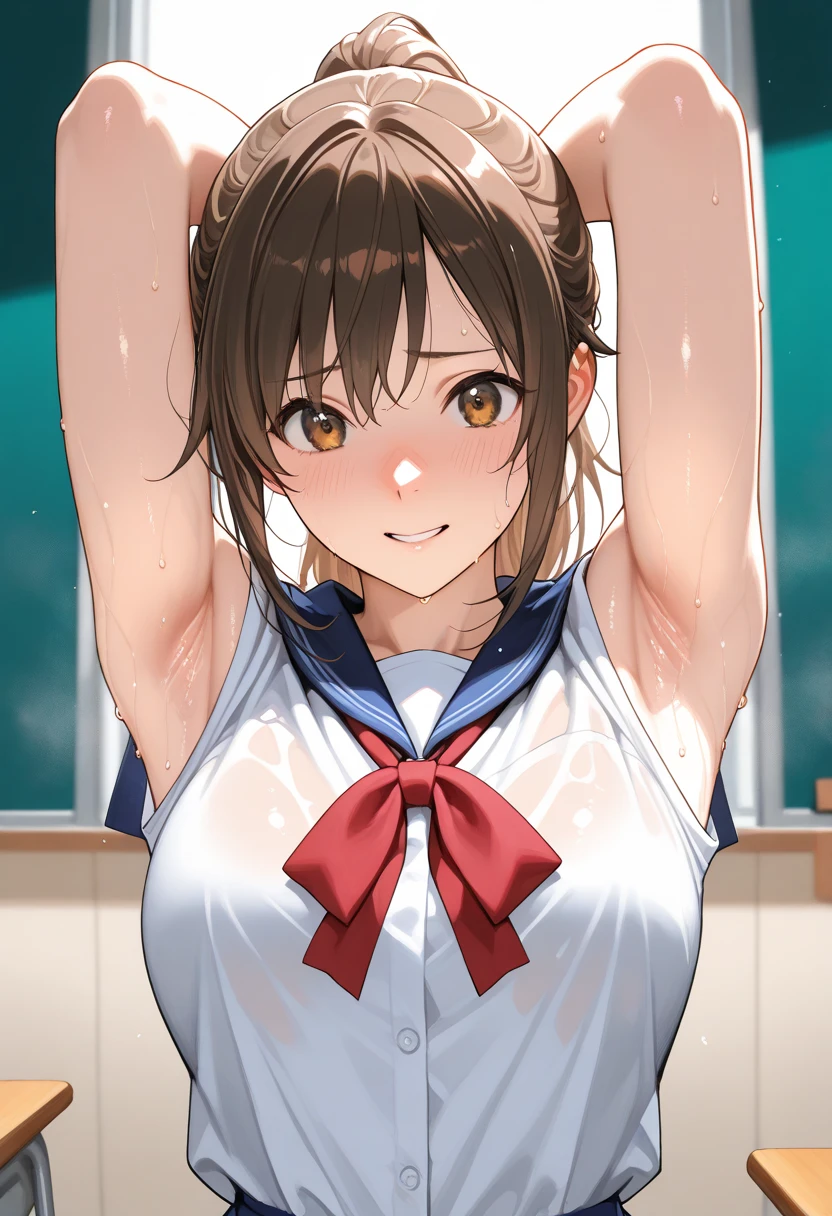 (((locker room:1.3))),(((Changing clothes in the changing room:1.3))),(((School uniforms hanging on hangers:1.3))),(((School Swimsuit:1.7)),(((Navy blue one piece swimsuit))),(Dark red bow tie:1.3),Cute face,Extreme close up of face,Shiny light brown and orange striped short hair,Messy ponytail,Cute Smile,Perfect round face,iris,(hairpin、ponytail、Floating Hair、),Large Breasts.Professional Lighting,Cinematic Light,(Tabletop,highest quality,Ultra-high resolution output images,) ,(8K quality,),(Ocean Art 2.0 Mode:1.3),(Picture Mode Ultra HD,)