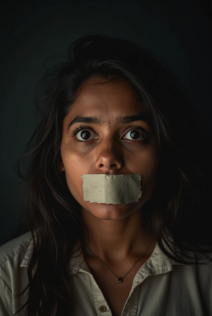 (photography)(dynamic) A Malay female prisoner, in a dark prison. Wears hijab. Covers mouth. Crying. Hands chained.
