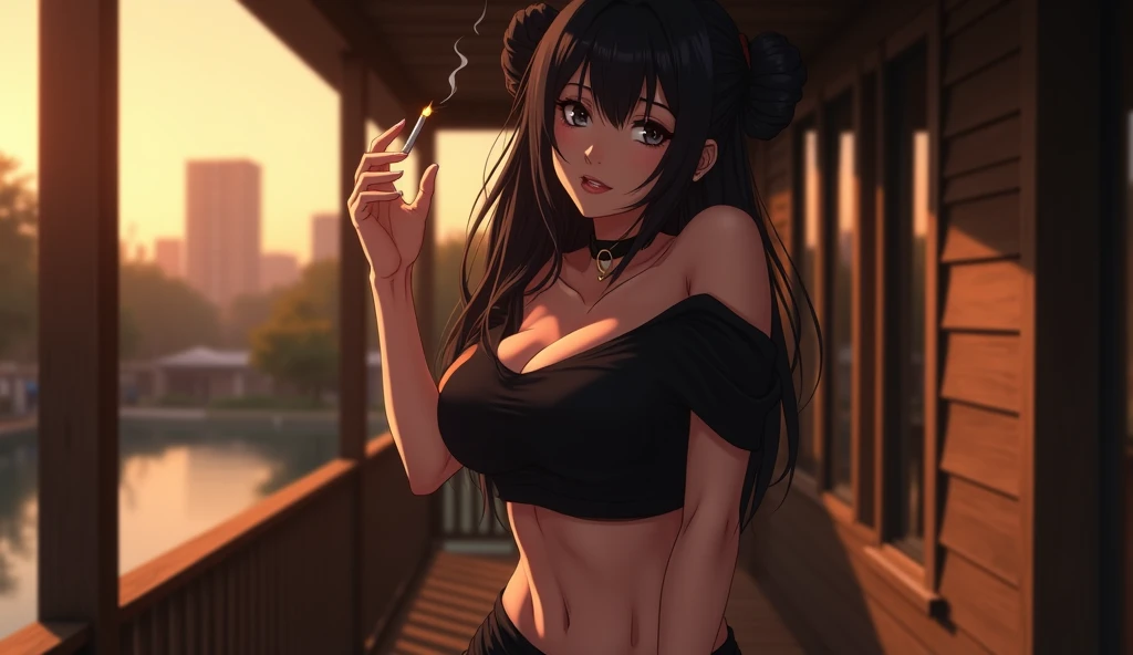 1girl, night, sexy, at the bar smoking, sexy black night dress