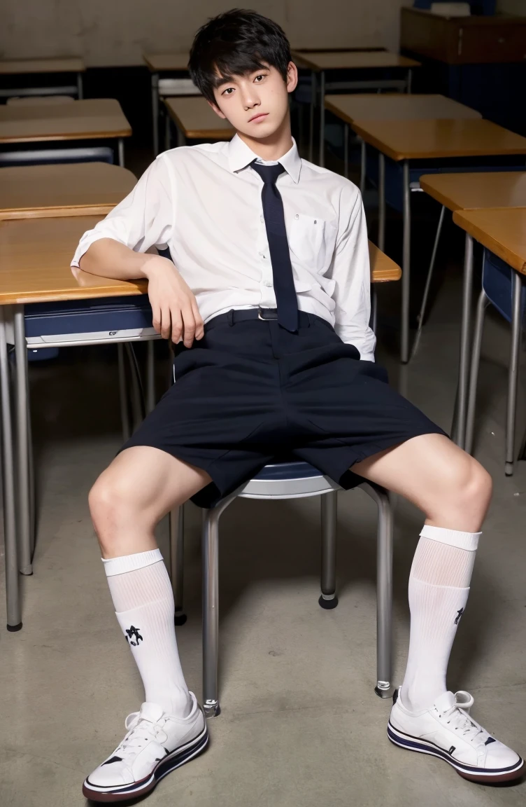 A Chinese male high school student,About ,Wearing white tight sportswear on the upper body,Lower body nudity,The genitals can be seen,But no hair,Wearing black socks,Sitting on the desk in the classroom with legs apart,Holding a basketball in his hand,Realistic facial quality,Highest quality。