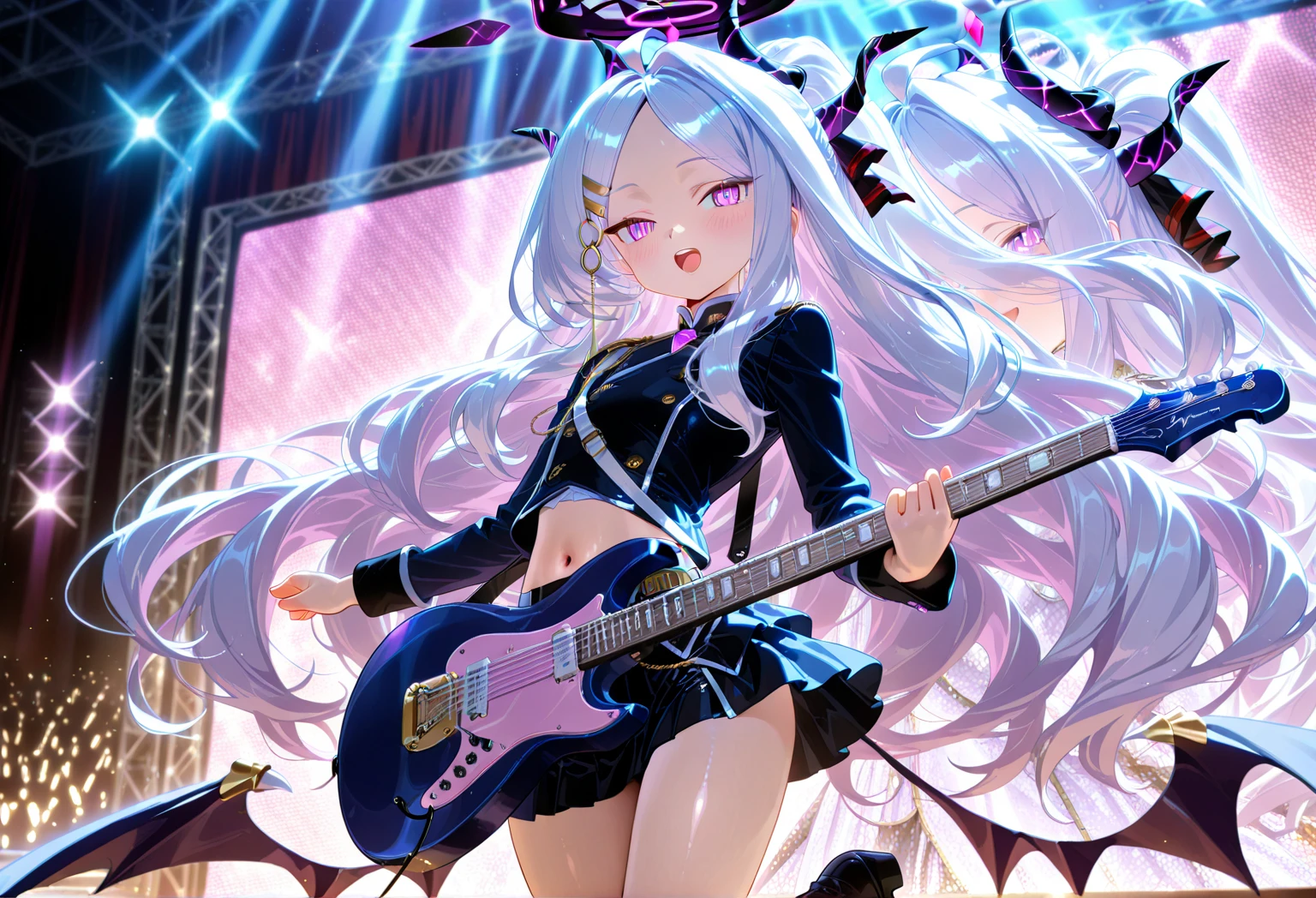 (best quality,4k,8k,highres,masterpiece:1.2),ultra-detailed,(realistic,photorealistic,photo-realistic:1.37),single girl, idol, white hair, long hair, cute, detailed eyes, detailed lips, slim figure, youthful appearance, confident expression, standing in front of the stage, pink electric guitar, black mini skirt, revealing top, ample bosom, spotlight, vibrant colors.