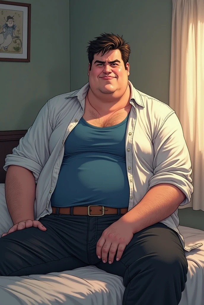 A fat, obese, bald Indonesian man wearing black t-shirt, is seen unable to sleep in his bed at night. This photo captivates with its deep sense of solitude and frustration. The soft lighting and the man's emotional expression enhance the message of dealing with insomnia, creating a heart-capturing and meaningful image.