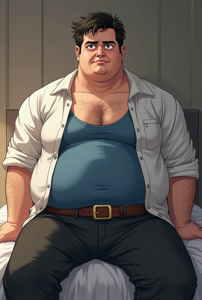 ATHFCarl,1boy,sitting on couch,raised fist,yelling,tank top,pants,in shack,sandals, <lora:ATHFCarl:0.8>,