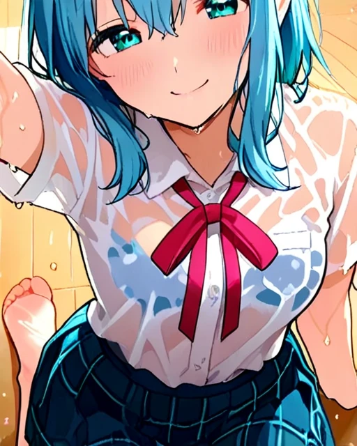 masterpiece, best quality, cinematic, volumetric lighting, very detailed, high resolution, sharp, sharp image, 4k, 8k, 35 mm, 1girl, kasuga manami, (((((vulgarity))))), slender body, (((((sweat))))), school, class room, classroom chairs, window, 17歳, 身長160cm, ((Small breasts, light blue hair, yellow ribbon, glasses, ponytail)), close up