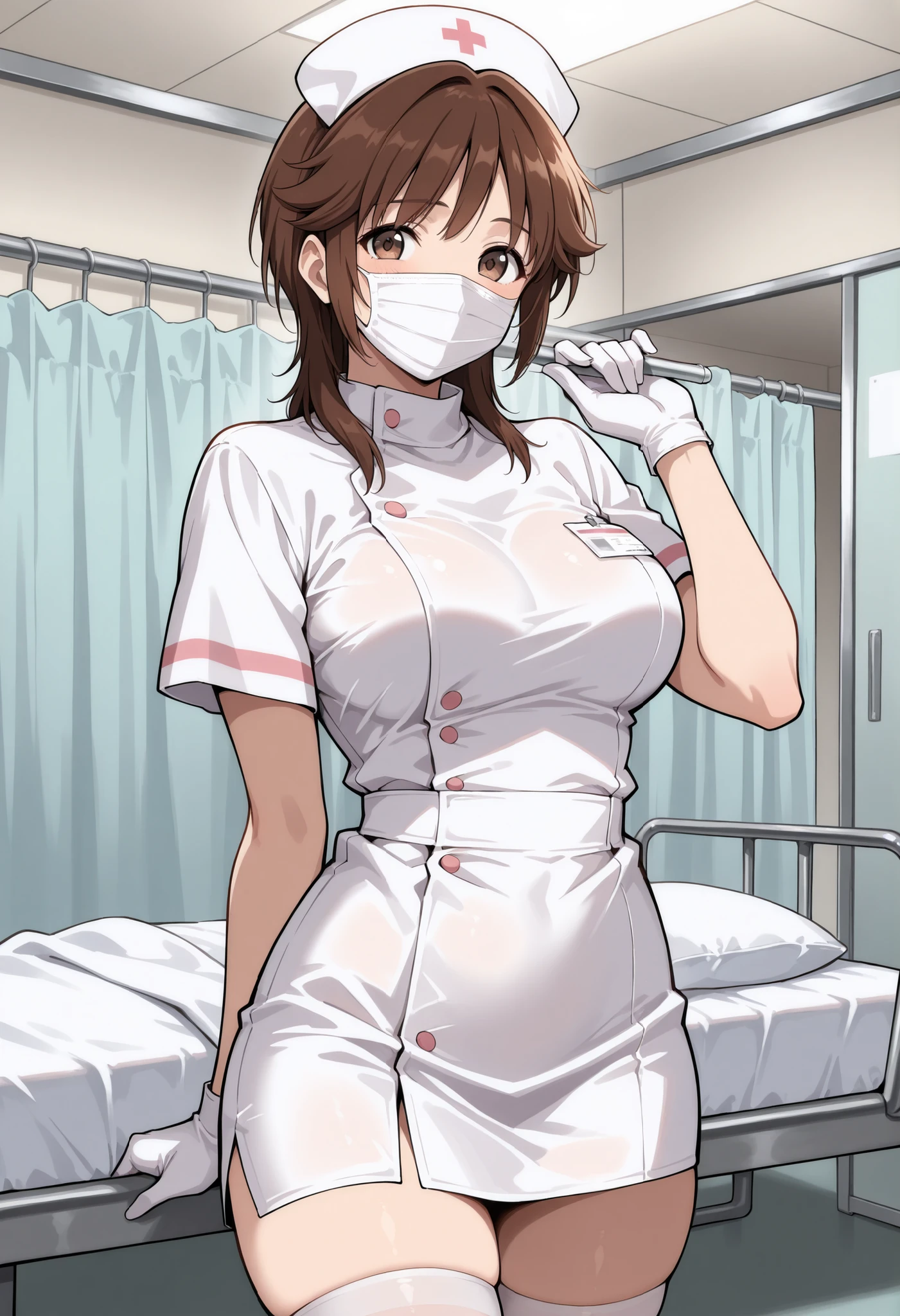 totoki airi, twintails, large breasts, Nurse, ((White nurse cap, White nurse uniform)), ((White legwear, zettai ryouiki)), White Gloves, Smile, Open mouth, Standing, ((Hospital room)), sharp outline, Short sleeves, Best Quality, masutepiece
