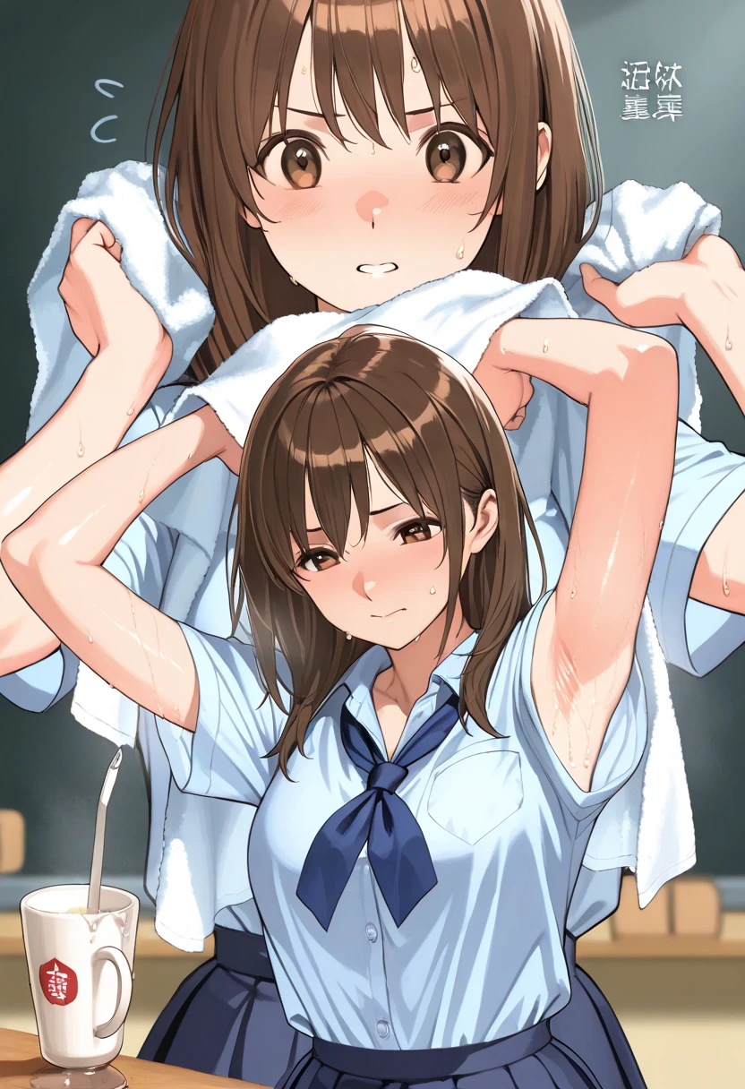 1girl,solo,yuuki mikan,, ,brown hair,, ,1girl,,,small breasts,,open mouth,,tongue,nsfw,(spoken heart),,(((sex party))),classroom,looking viewer