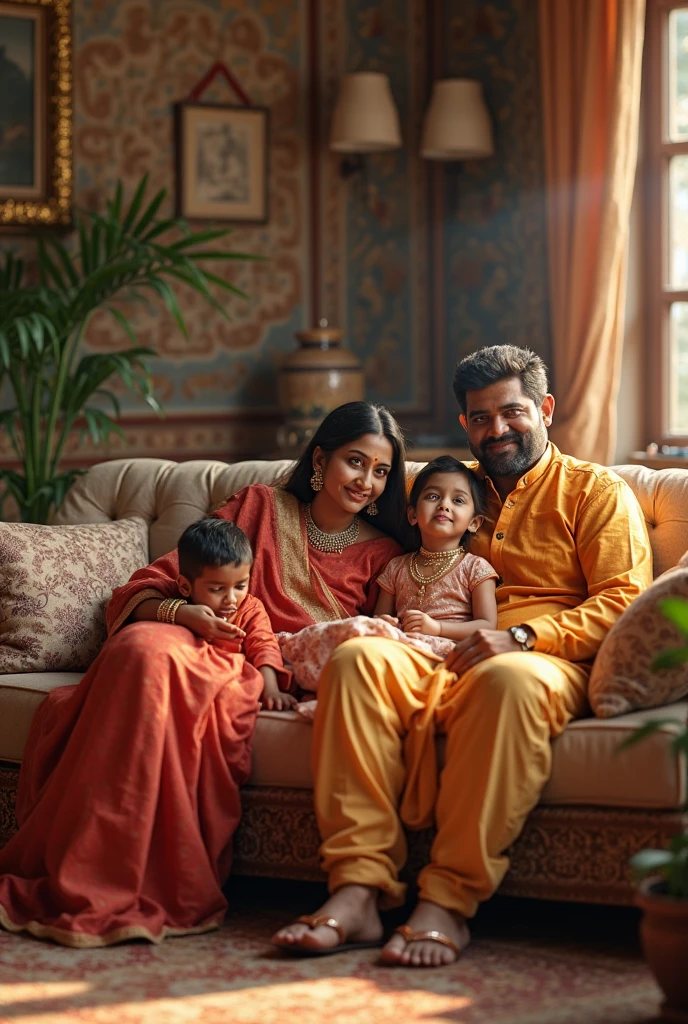 A father with white dress mothe with saree one having 30 year old and one son having 27 year old they all are sitting in a soffa 
