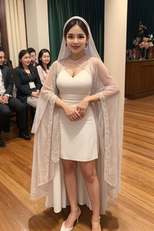 (High resolution photo, bust, 1 girl, 28 years old, woman, facial details, baby fat, waist accessories, smile, showing less teeth, white skin, full body, luxury dress outfit, model pose, at the church)