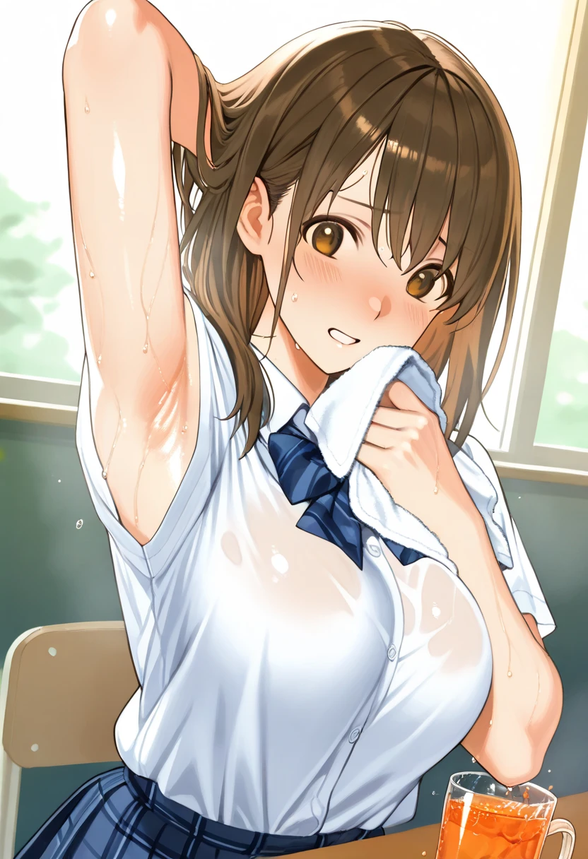 ((Browsing Caution:1.8, masterpiece, Highest quality, High resolution, Hmm., Pixel Perfect, Written boundary depth, 4K, RTTX 10.0, High resolution)), 1 Girl, single, alone, Beautiful Anime Girls, Official Art, Beautiful art style, Anime characters, ((Long Hair, Parted bangs, Dark brown hair)), (Green Eyes:1.4, Round eyes, Beautiful eyelashes, Realistic eyes), (Detailed face, Blushing:1.2), (Smooth texture:0.75, Realistic texture:0.65, Realistic:1.1, Anime CG Style), Mid-chest, Perfect body, Big Breasts, (throw, close), , Natural light, indoor, classroom, School, smile, Open your mouth,、Open your mouth、((、Spread your legs、、全身Sweat))、Looking up from below、((Cum on my chest))One Girl、ponytail、Brown Hair、healthy、Brown eyes,Normal chest(B Cup)、fear、Scared,Cute face、Cute anime illustrations、(naked:1.3)、(vapor:1.2),(Sweat:1.3),Girl trembling with sexual climax、locker room,Browsing Caution、(Vaginal intercourse:1.5),Please put your feet up,18 year old girl has sex with 3 guys, Hug from the front, Height: 170cm, Fair skin, Embarrassed and nervous look, Soaked from head to toe, Red cheeks, , (A man grabs your breasts or buttocks:1.5), (Being kissed on the cheek by a man:1.5), Rear View, View from below, In a crowded cell