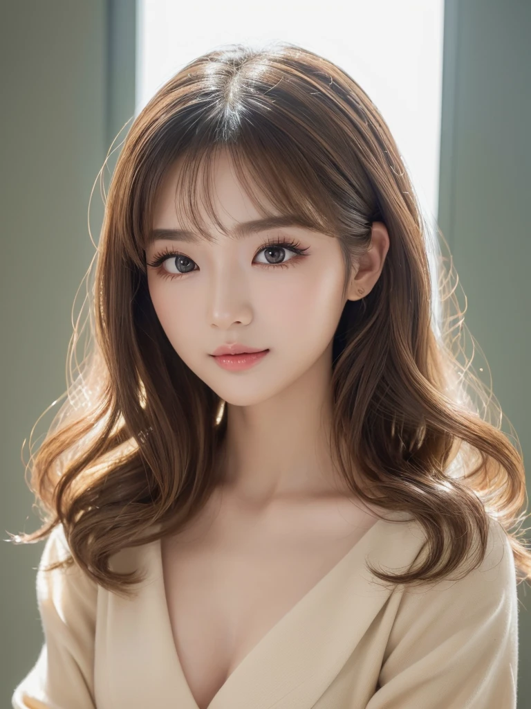 Ultra High Definition, Superior Quality, Premier Quality, ultra detailed, Photorealistic, 8k, RAW Photos, highest quality, masterpiece, Attractive girl, Stunning girl, Brown Hair, Shoulder Length Layered, Mesh Hair, Japanese Idol, Sophisticated, Stylish, blouse,