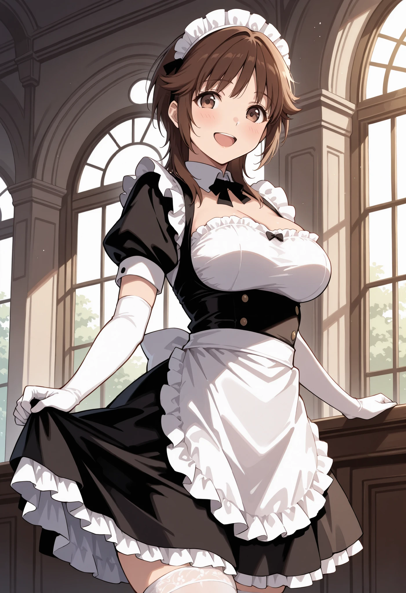 Score_9, score_8_up, score_7_up, source_anime, srkho, solo, brown hair, medium hair, brown eyes, large breasts, (best quality), (high quality), {masterpiece}, extremely delicate and beautiful, ultra-detailed, beautiful detailed eyes, maid, black maid costume, short sleeves, puffy sleeves, white headdress, white frilled apron, white elbow gloves, white thighhighs, mansion, indoor, smile, open mouth, standing