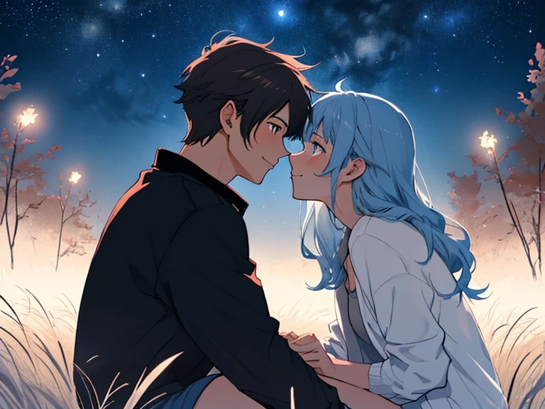 (woman with pink hair, bright light blue eyes)+(man with black hair and bright dark blue eyes)+(anime style Ilya Kuvshinov:1.2)+(Couple kisses passionately on the beach at night)+(full body image)