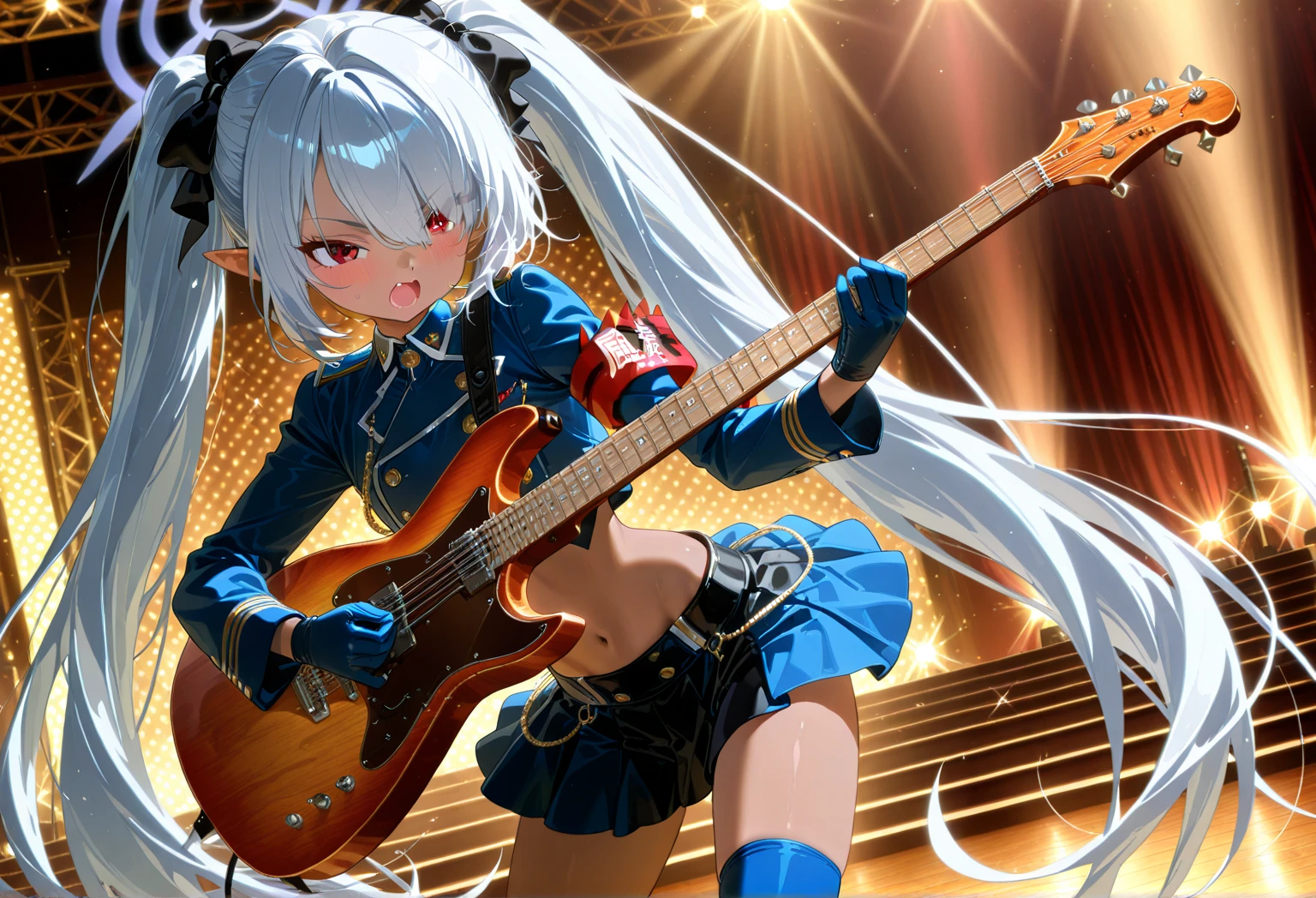 perfect eyes:1.2, detailed eyes:1.4, naoe kanetsugu, twintails, hair ornament, yellow eyes, hammer, purple hair, collared shirt, waist rope, black miniskirt, red necktie, black thighhighs, cowboy shot, 1girl, solo, (masterpiece:1.6, best quality), 8k, insane details, intricate details, hyperdetailed, hyper quality, high detail, ultra detailed, professional, HDR, ray tracing reflection, cinematic lighting
