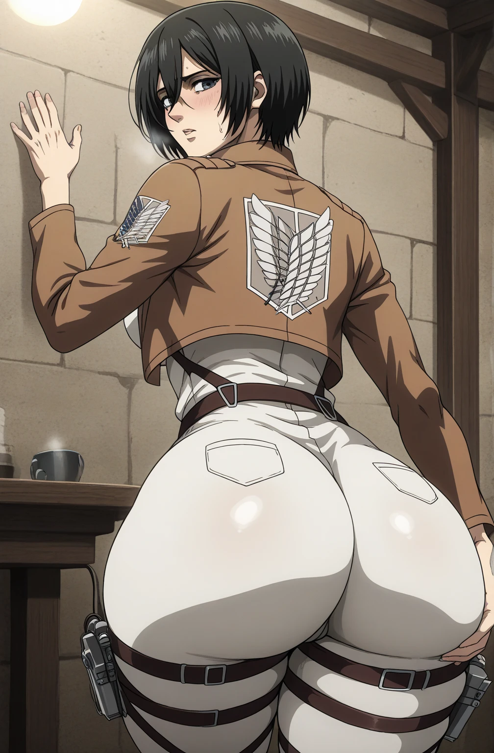 score_9, score_8_up, score_7_up, score_6_up, score_5_up, solo, 1girl, ass grab, covered anus, huge ass, perfect ass, looking at viewer, from behind, thick thighs:0.8, anal, , mikasa ackerman, black eyes, black hair, short hair, white shirt, thigh strap, open cropped brown jacket, red scarf, white pants, survey corps \(emblem\), boots, white jeans:0.8,
