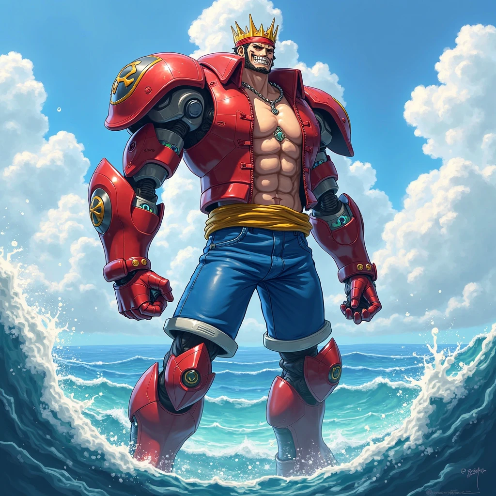 A strong muscular man, with red shirt, mechanical details on arms and legs, man with blue hair