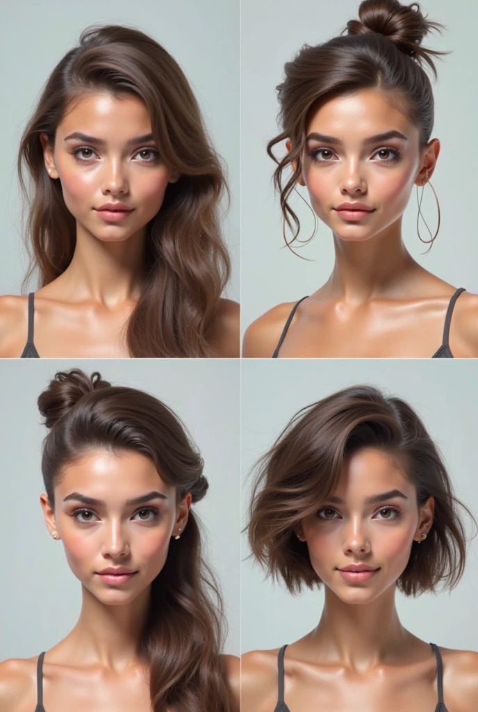 Create a template of four images of a brunette girl with wavy hair, greenish brown eyes, thick lips, very sensual, sweet but provocative look, with her hair tied back in a ponytail, but always with the same face.