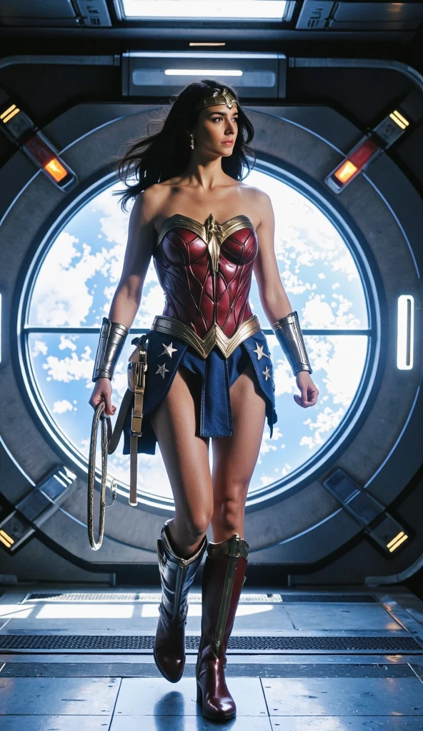 a photo of Gal Gadot , wonder woman, red and blue suite, half body portrait, outdoor cinematic lighting, hyper details, big boobs, thicc thighs, , sharp focus, sexy pose