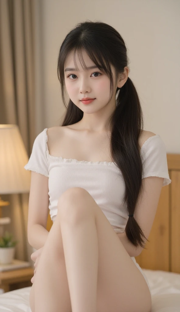 best qualtiy,tmasterpiece,超高分辨率,(realisticlying:1.4),RAW photogr,(True skin texture:1.3),(filmgrain:1.3),in a panoramic view,1girll,figure portrait,cinmatic lighting,shadowing,Very wide lens,(pony tails:0.8),a narrow waist,Tyndall effect,vacant eyes,Beautiful details for eyes and face,White short school uniform black shorts,Head down,with brown eye,waistup_Up,The upper part of the body,