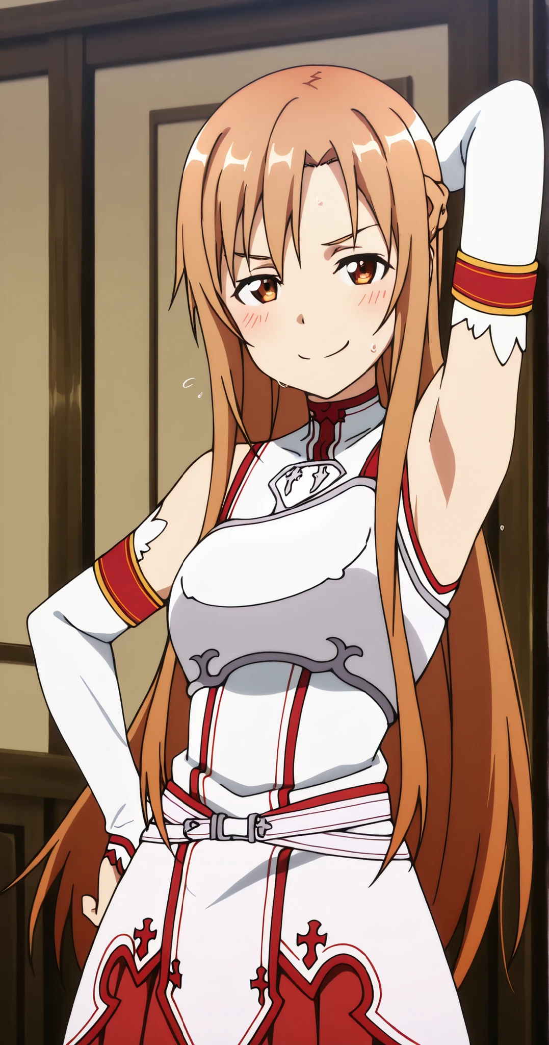 masterpiece, best quality, amazing quality, anime screencap, anime coloring, 1girl, solo, Yuuki Asuna, Yuuki Asuna SAO costume, White Armor, White breastplate, White isolated sleeve, (character), long hair, detached sleeves, bare shoulders, bare arms, arm up, one raised arm, armpit, showing armpit, other hand on hip, sweaty, stuffy, head towards viewer, looking at viewer, tareme, smug, smug grin, seductive stare, seductive smile, glint, raised eyebrows, eyebrows raised high, closed mouth, inviting stare, dominate stare, teasing, slight blush, (front light:1.1), outside, armpit shadow, sweat drops, armpit sweat, red skirt,