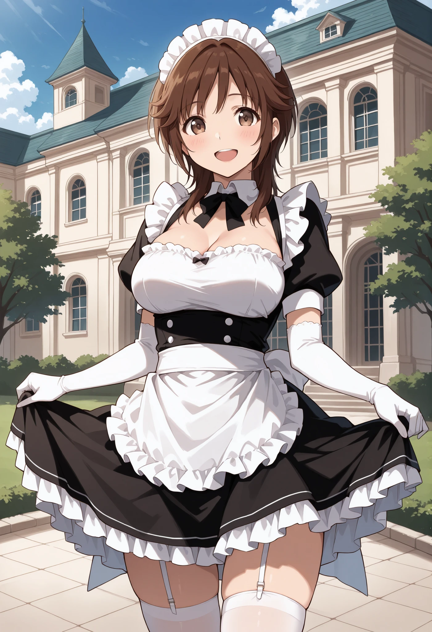Score_9, score_8_up, score_7_up, source_anime, srkho, solo, brown hair, medium hair, brown eyes, large breasts, (best quality), (high quality), {masterpiece}, extremely delicate and beautiful, ultra-detailed, beautiful detailed eyes, maid, black maid costume, short sleeves, puffy sleeves, white headdress, white frilled apron, white elbow gloves, white thighhighs, mansion, indoor, smile, open mouth, standing