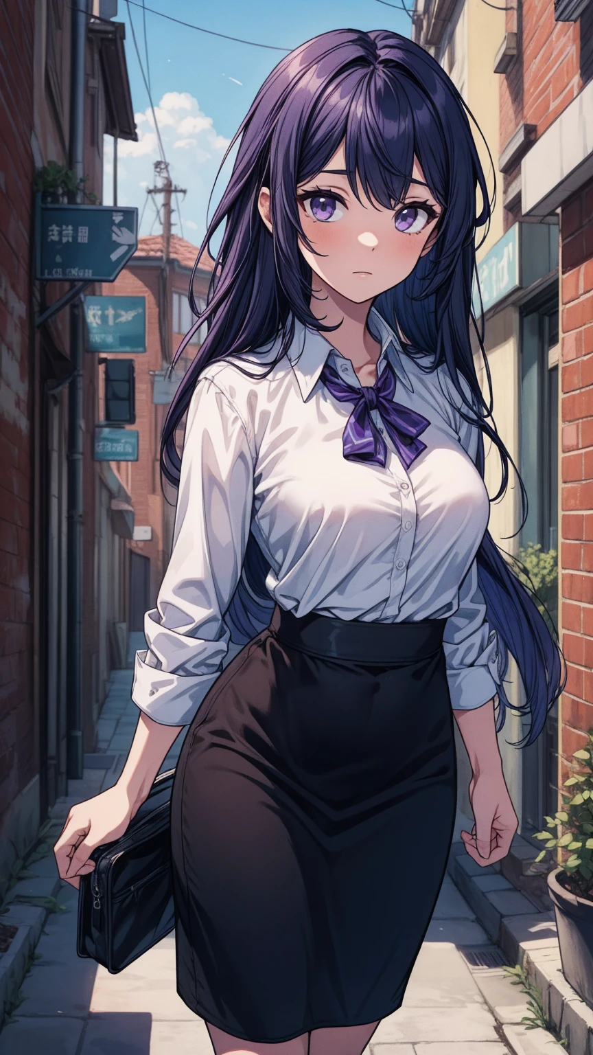 (masterpiece:1.37), best quality, (extremely detailed:1.37), (1girl:1.5), woman, (mature:1.5), (adult:1.5), large breasts, very long hair, (straight hair:1.5), (very dark purple hair:1.5), purple eyes, (extremely detailed eyes:1.37), sweater, scarf, jeans, desperation, (wetting self:1.5), standing, embarrassed, humiliation, blushing, gas station, snowing, street, golden hour