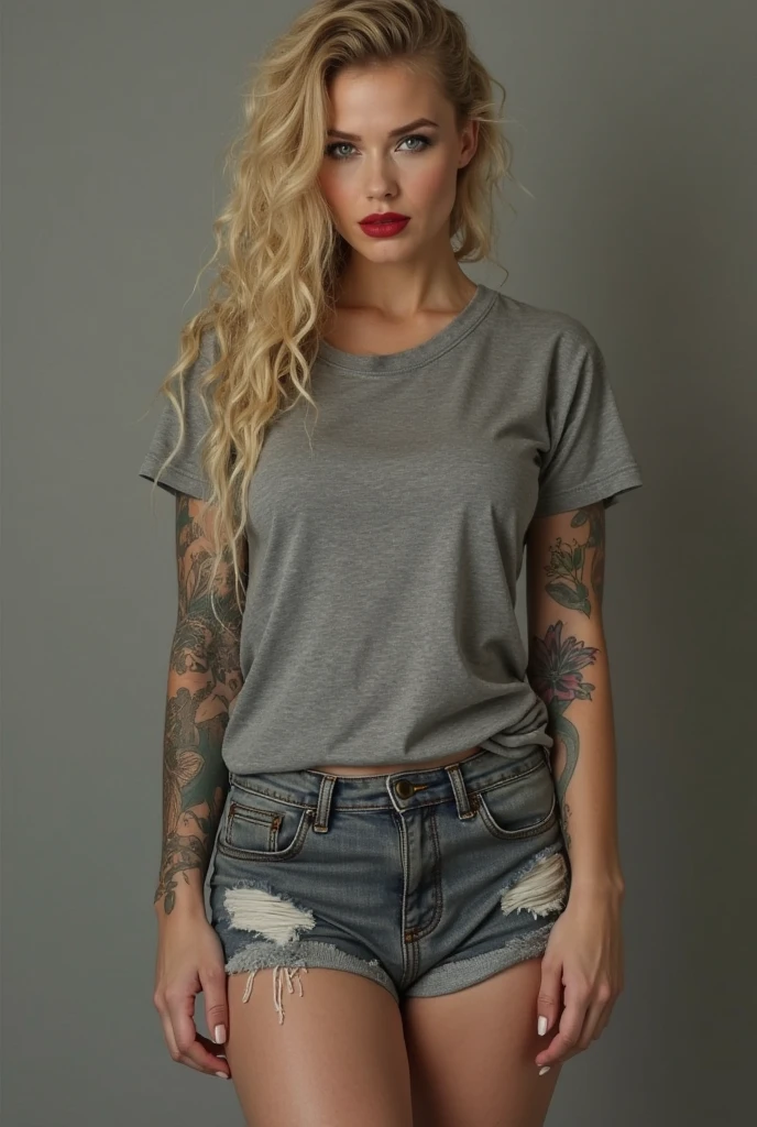 Generate a realistic 6K image of a female resembling Laurence Bedard. She should have blonde hair and be dressed in casual clothing suitable for a home setting. The scene should depict a hot weather or temperature condition. Please include prominent tattoos on her body.
