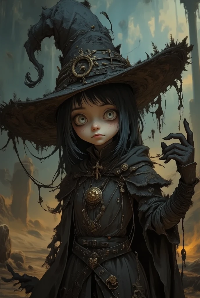 young 9-year-old daughter of severus snape,((highest quality)),(ultra high resolution),(Super detailed),(detailed description),((best CG)),(best work of art) ,black hair, green eyes, Witch girl in a large witch hat with a staff made of bones summoning a skeleton warrior with a large shield