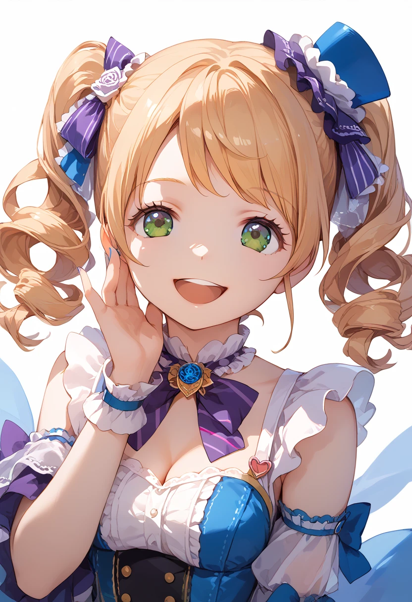 ultra high resolution, highest quality, photograph,one girl、 4k, (realistic:1.4), ponytail、Girl with side ponytail on the right side of the head, Honoka Kosaka、blue eyes、16 years old、date、blue sky、Smiling innocently、happy expression、(People and landscape ratio 3:1)、idol costume、sing、singer、Sing in the Flower Field、big breasts、happy birthday、Celebrates、Party